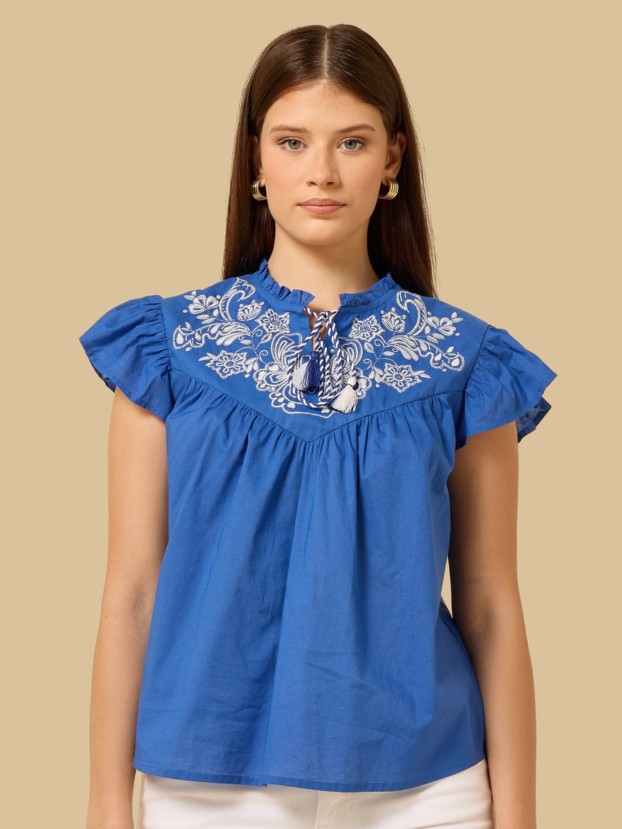 Embroidered Top with Tie-Up Neck