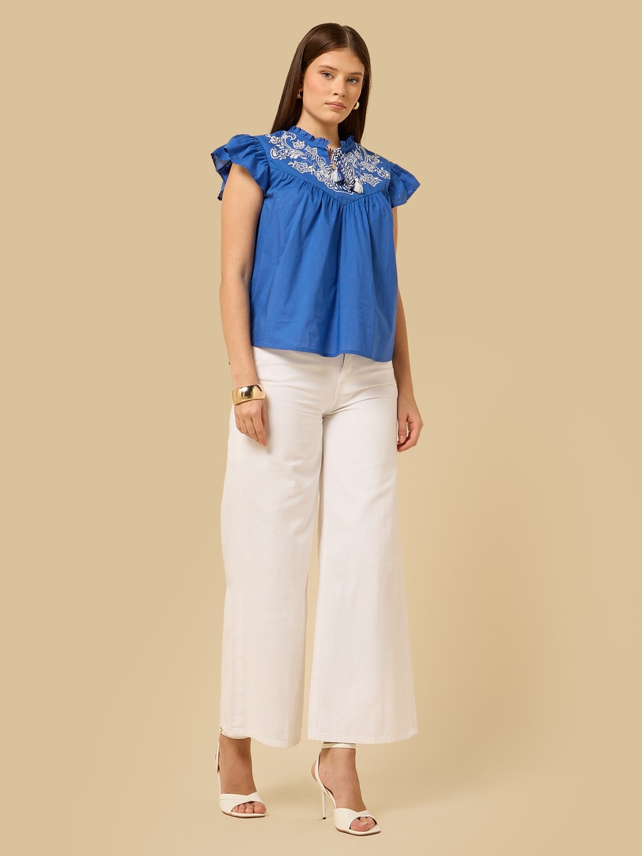 Embroidered Top with Tie-Up Neck