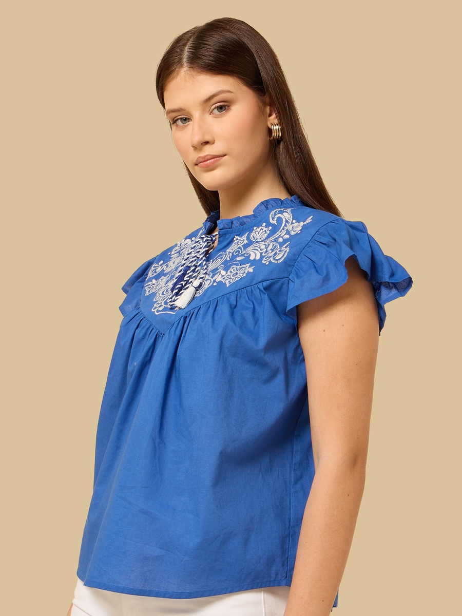Embroidered Top with Tie-Up Neck