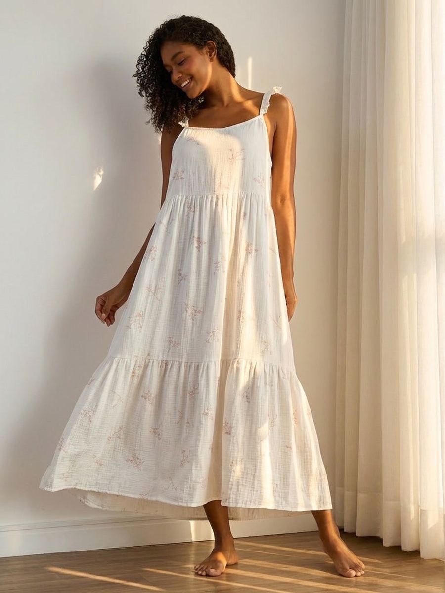 Floral Print Double Gauze Sleeveless Night Gown