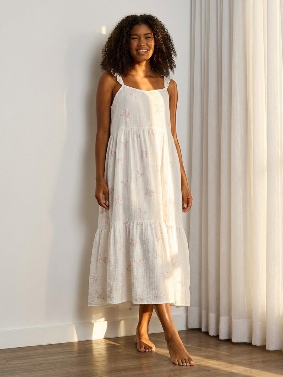 Floral Print Double Gauze Sleeveless Night Gown