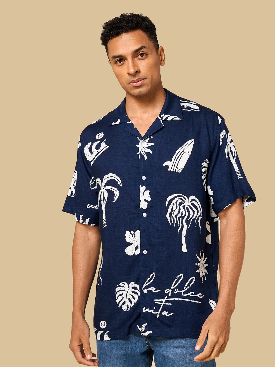 Tropical Print Relaxed Fit Viscose Shirt with Camp Collar