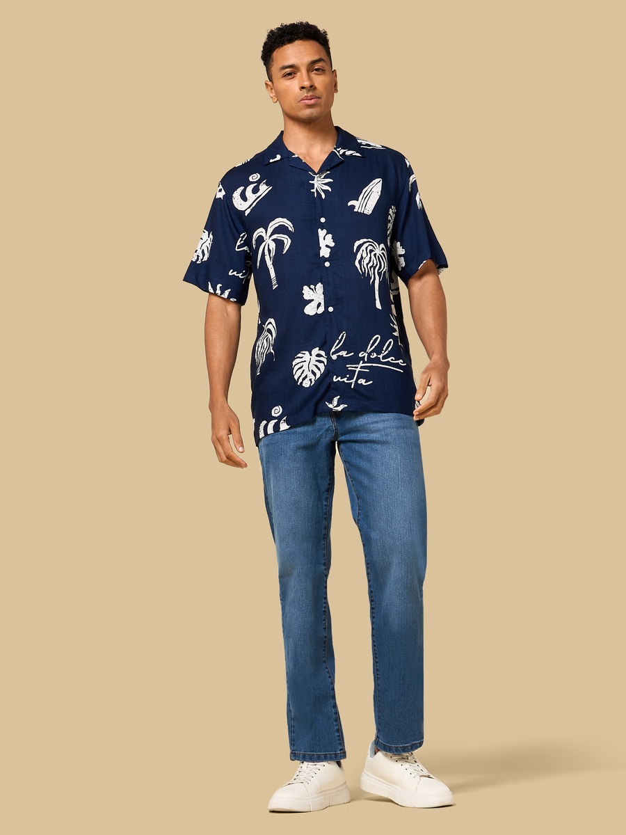 Tropical Print Relaxed Fit Viscose Shirt with Camp Collar