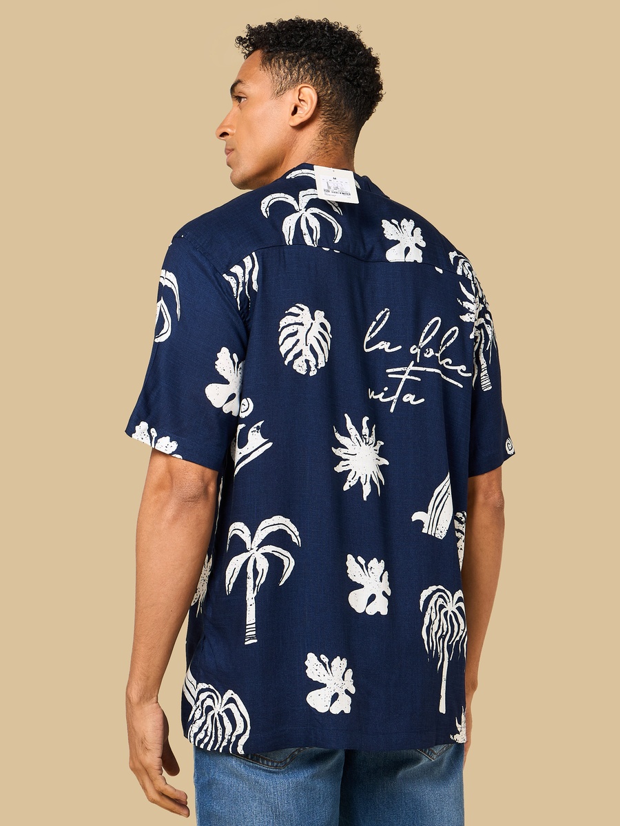 Tropical Print Relaxed Fit Viscose Shirt with Camp Collar