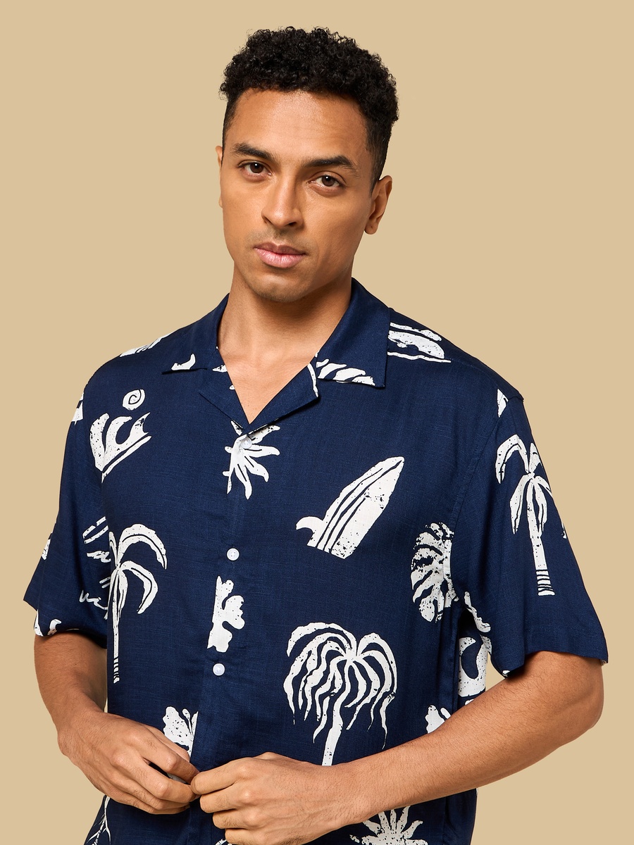 Tropical Print Relaxed Fit Viscose Shirt with Camp Collar