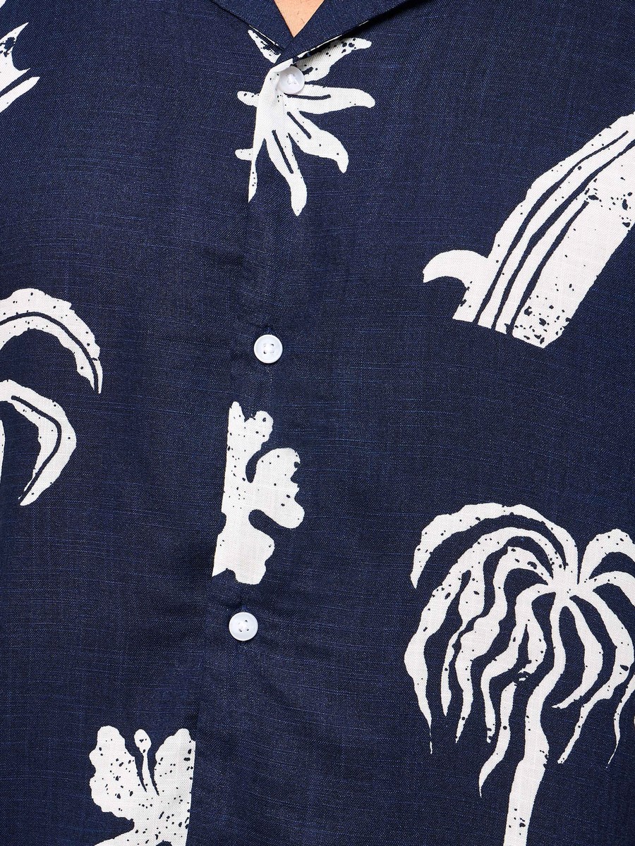 Tropical Print Relaxed Fit Viscose Shirt with Camp Collar