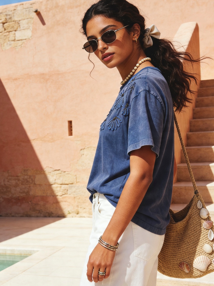 Cotton T-Shirt  with Floral Applique