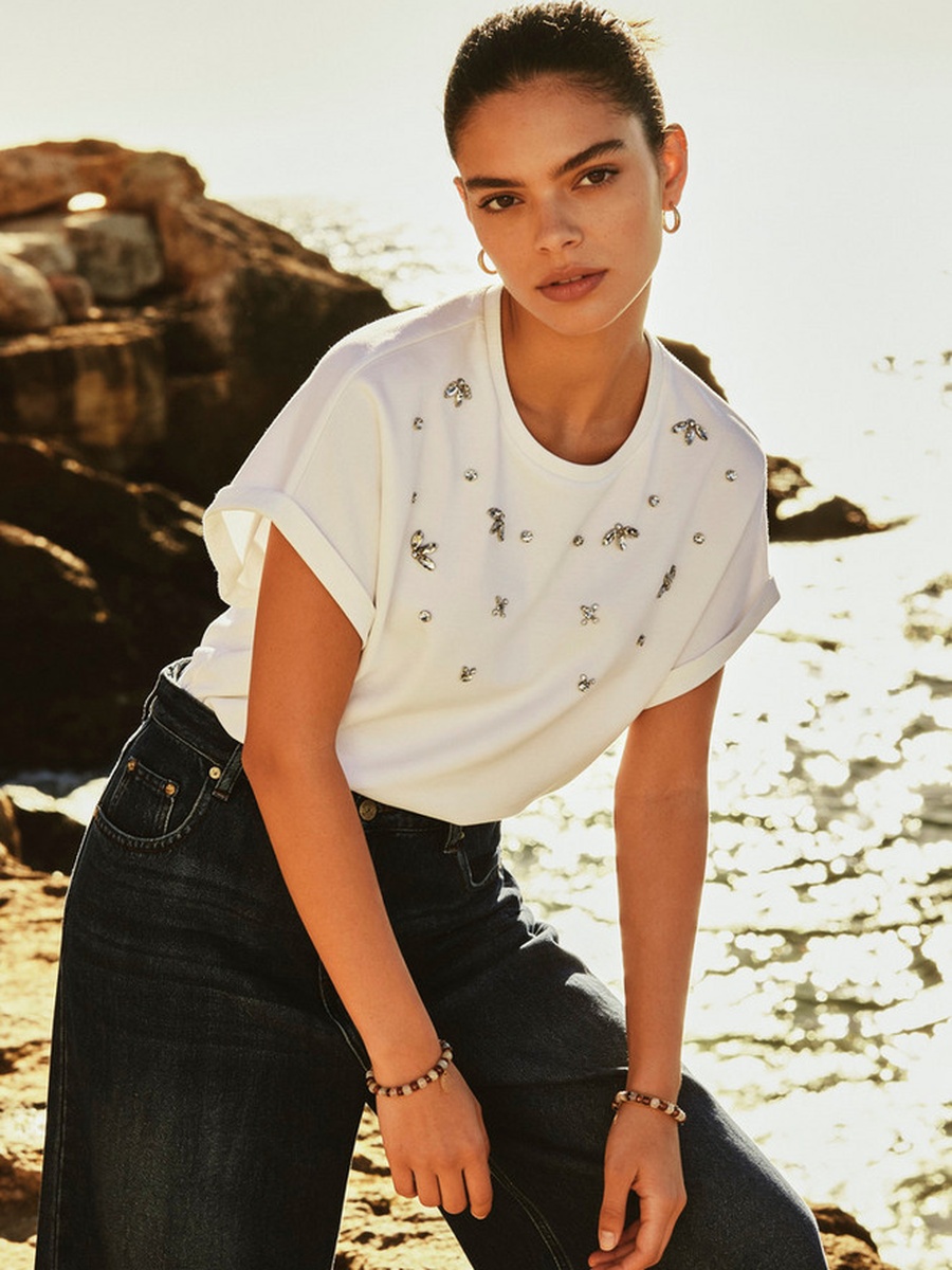 Regular Fit Cotton T-Shirt  with Embellished Detail