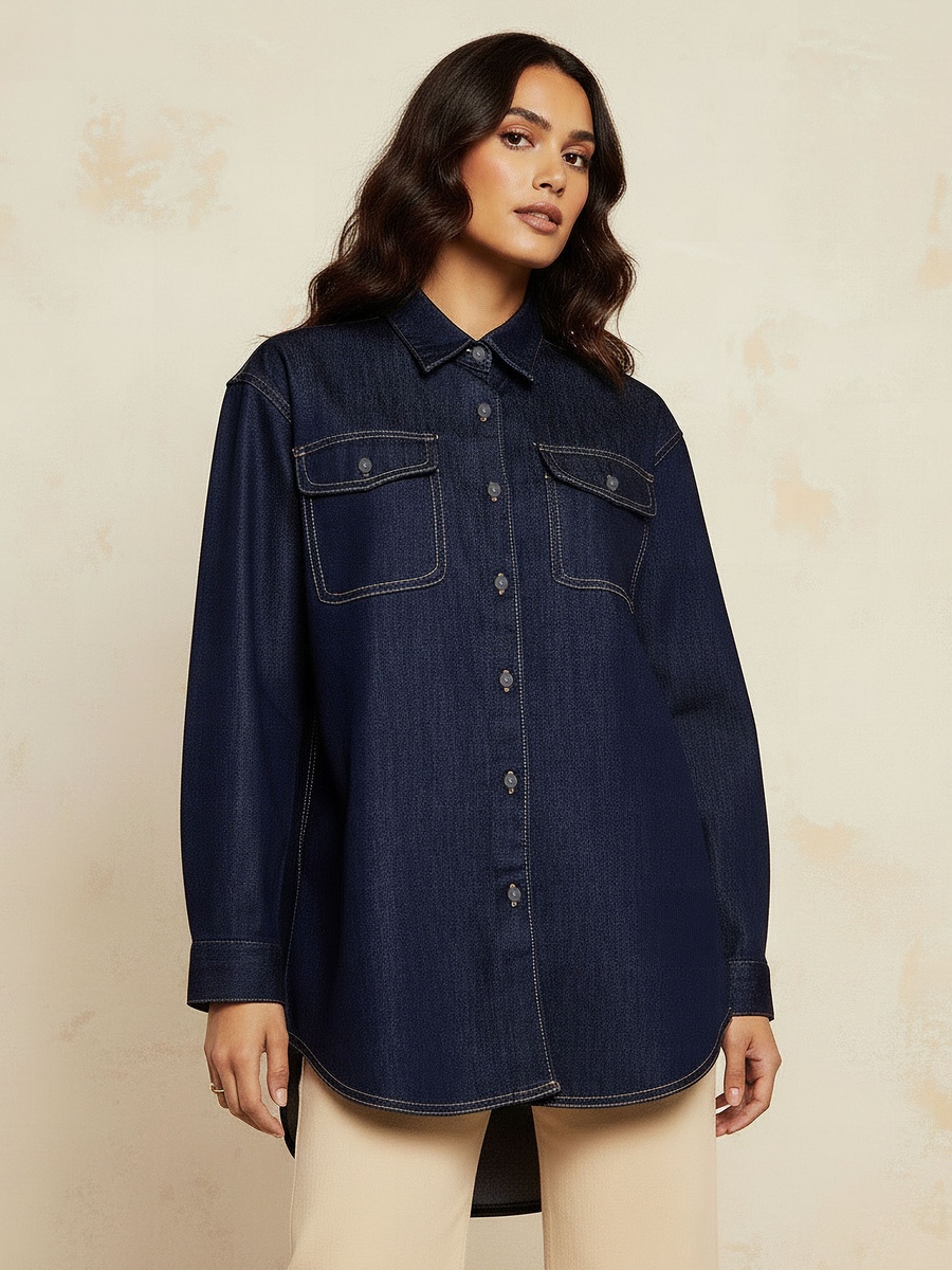Cotton High-Low Denim Shirt with Long Sleeves