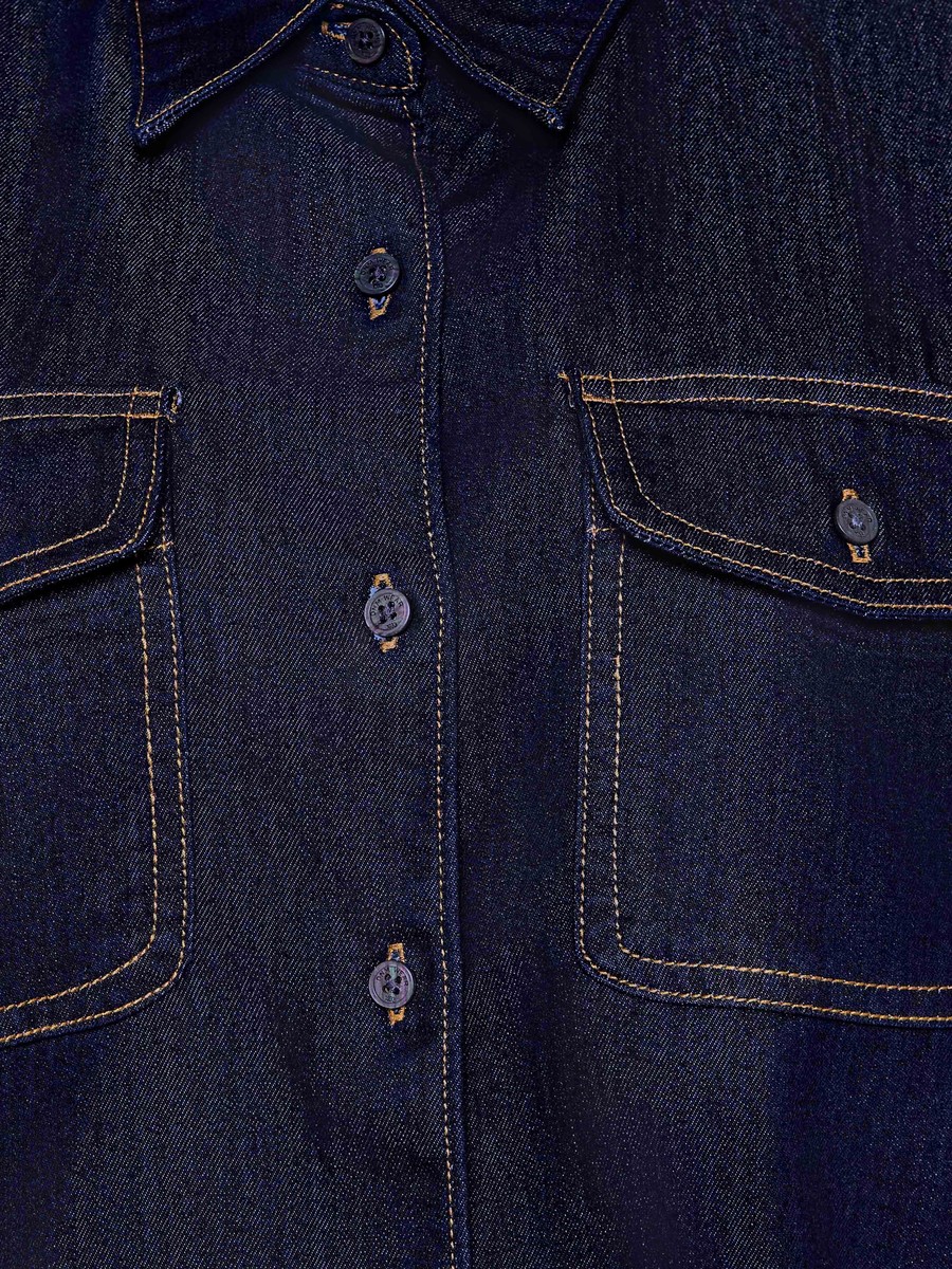 Cotton High-Low Denim Shirt with Long Sleeves