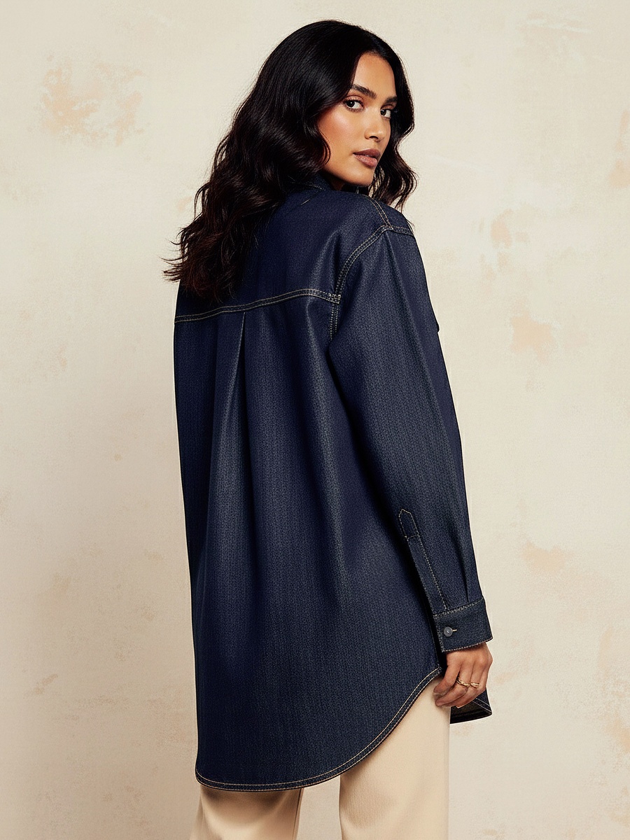Cotton High-Low Denim Shirt with Long Sleeves