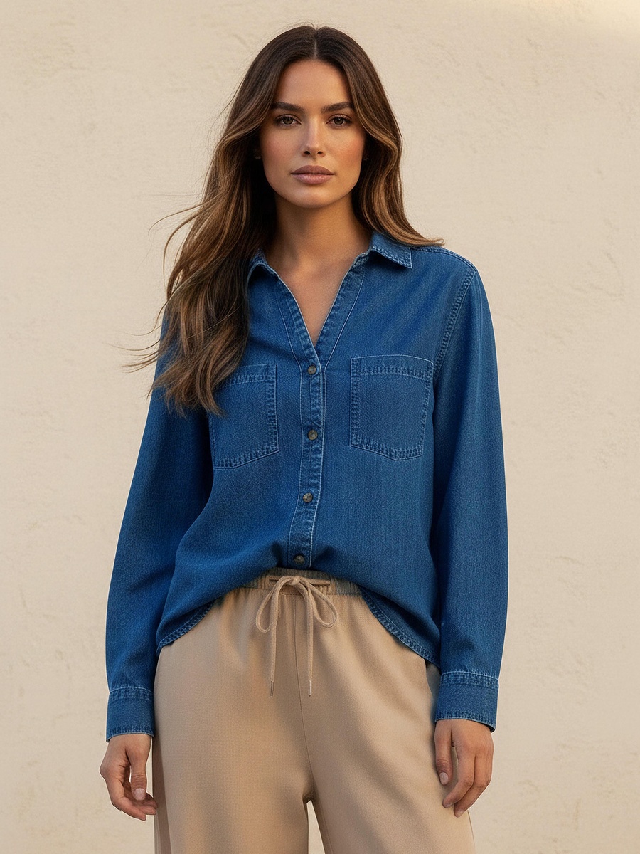 Cotton Denim Shirt with V Neck