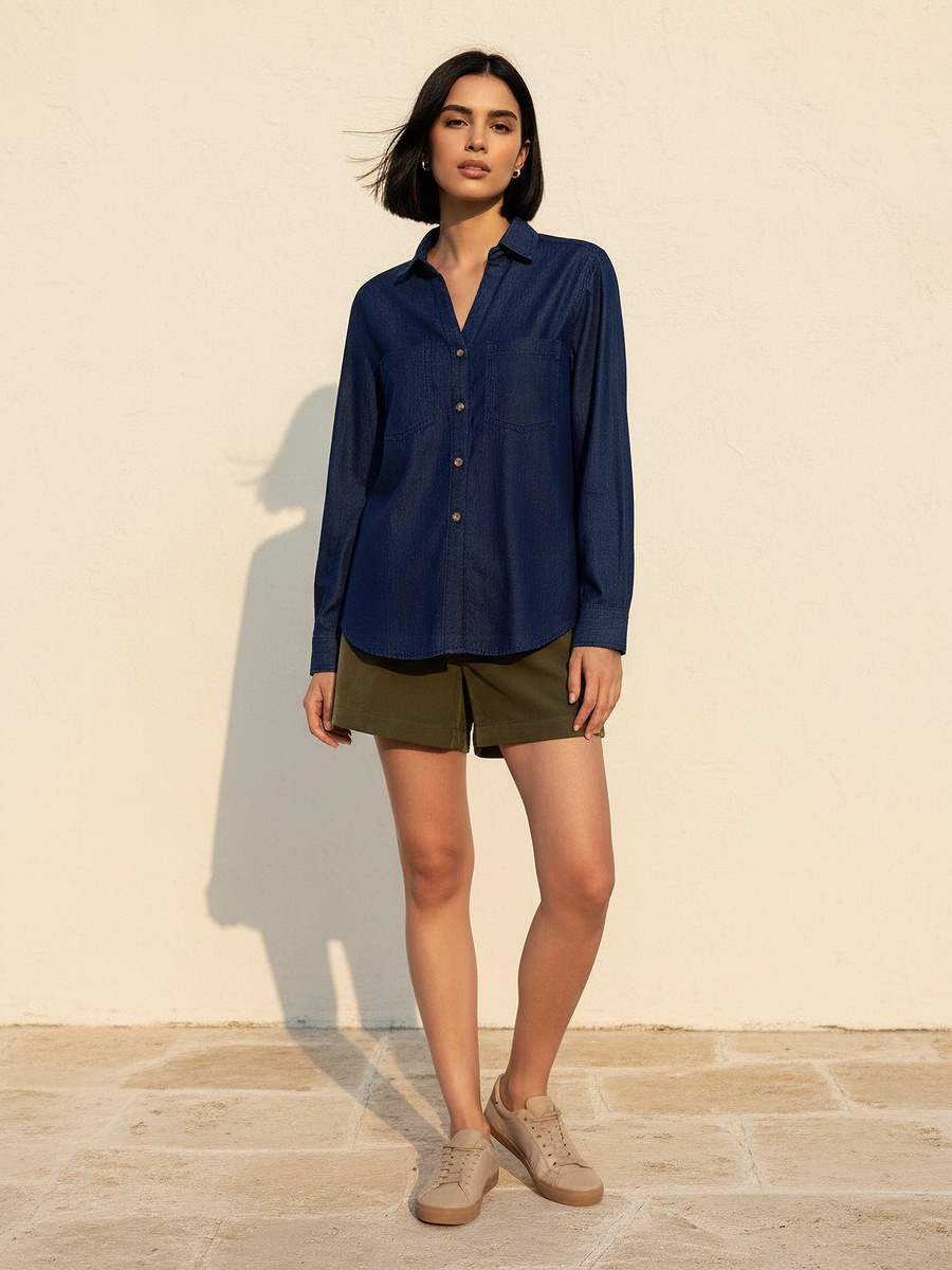 Cotton Denim Shirt with V Neck