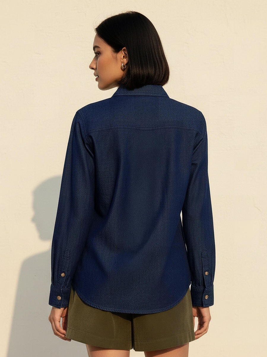 Cotton Denim Shirt with V Neck