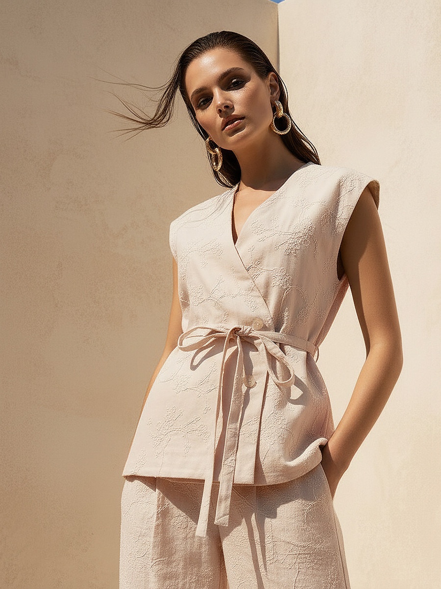 Embroidered Wrap Top
