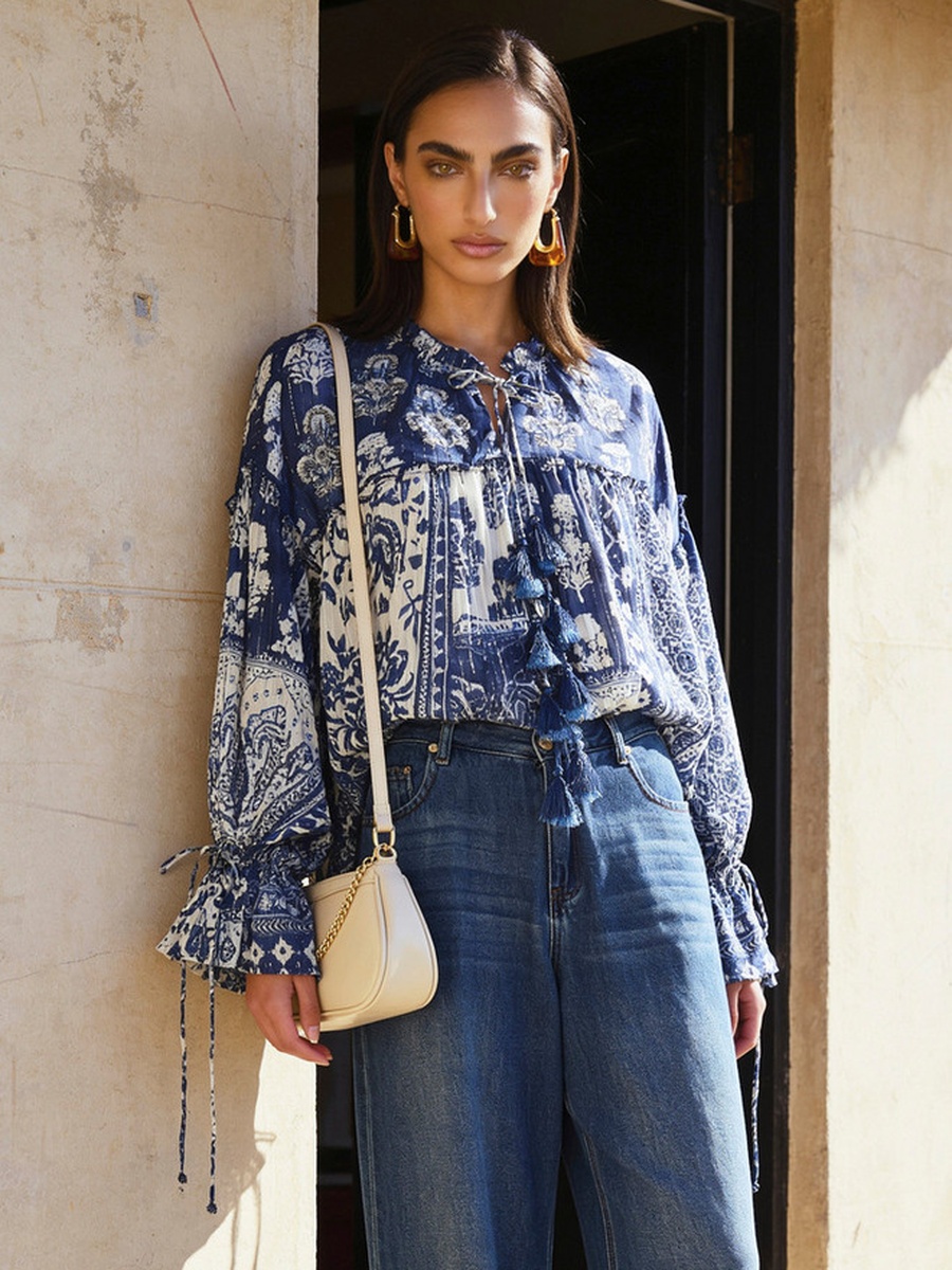 Printed Woven Tie-Up Neck Top