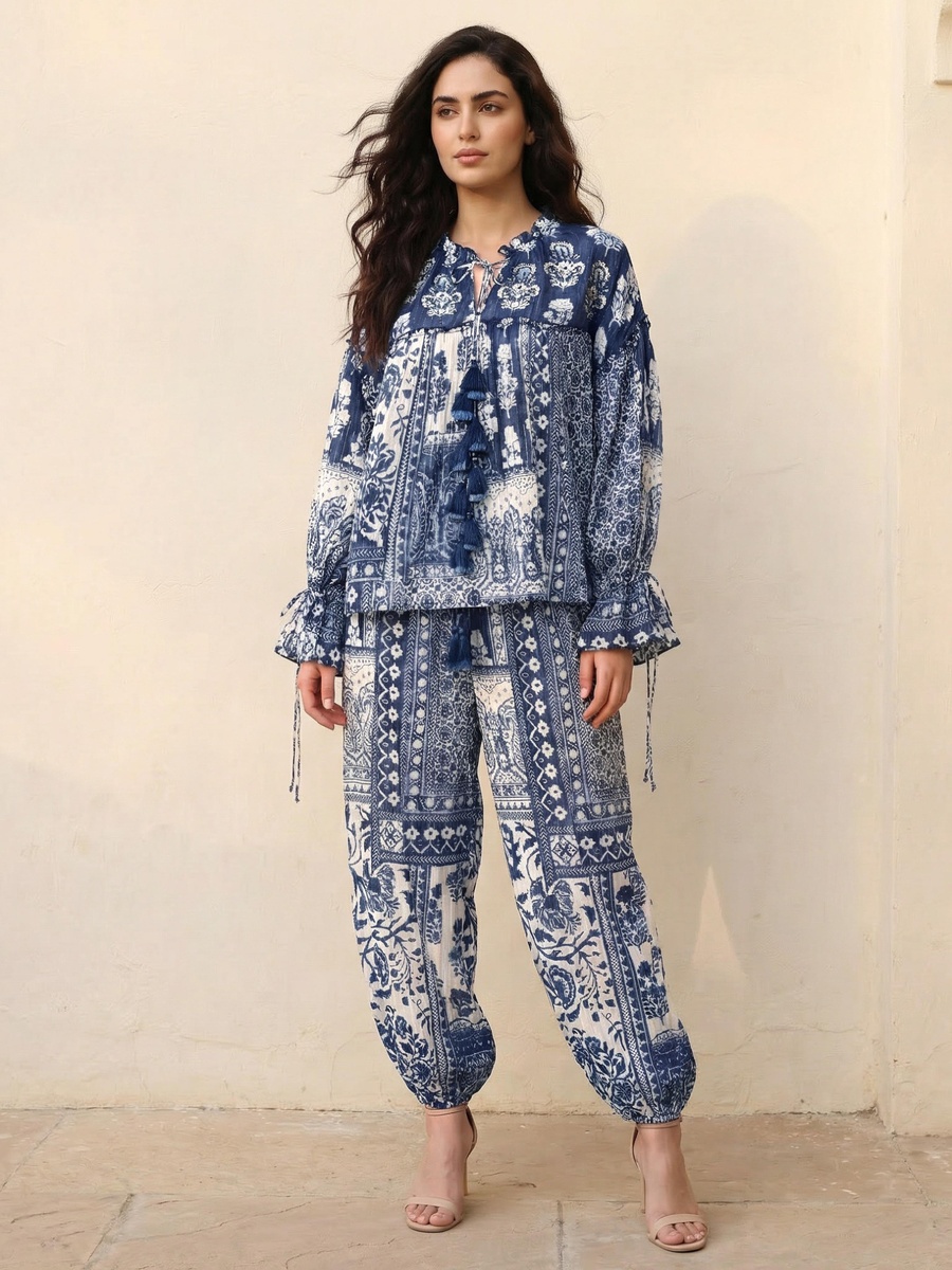 Printed Woven Tie-Up Neck Top