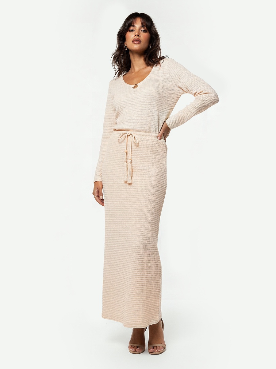 Maxi A-Line Textured Skirt with Tie-Up