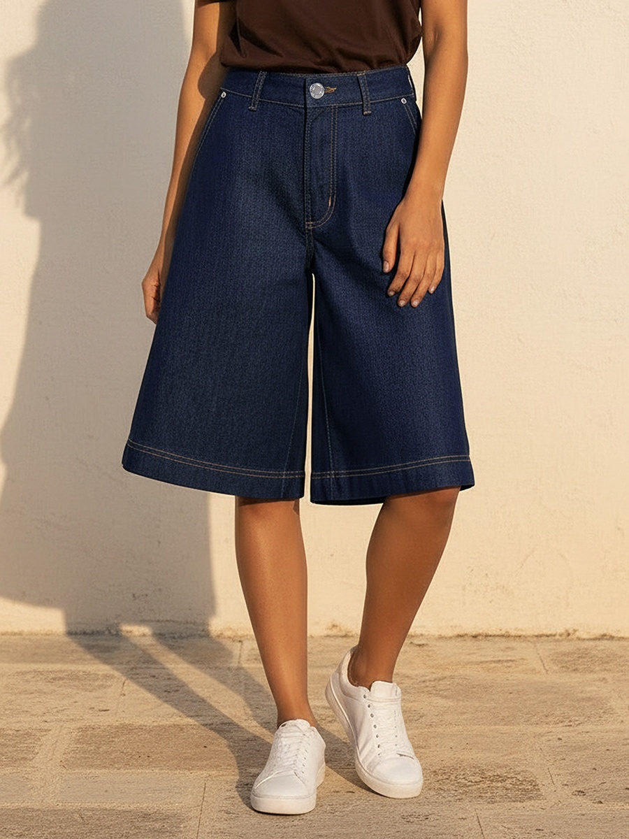 Mid-Rise Denim Cotton Culotte Shorts
