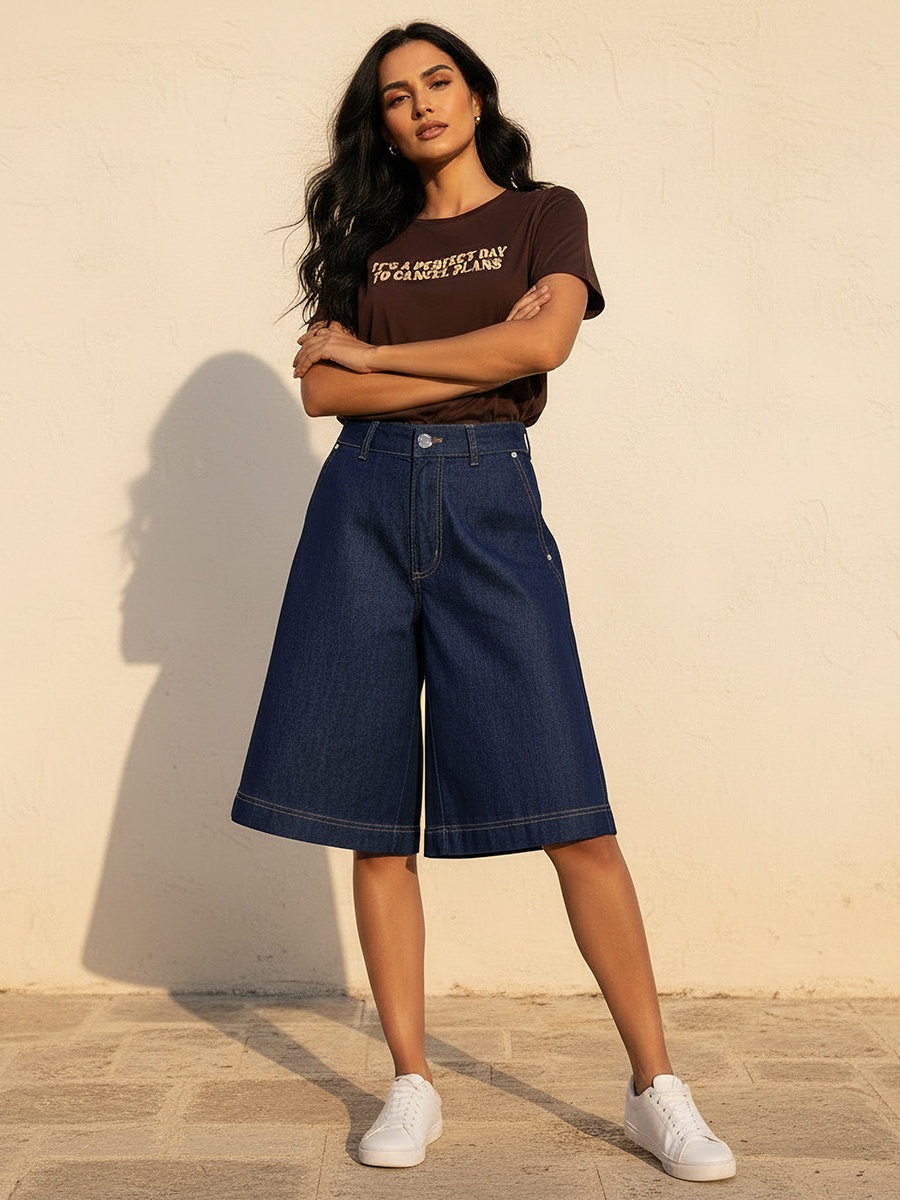 Mid-Rise Denim Cotton Culotte Shorts
