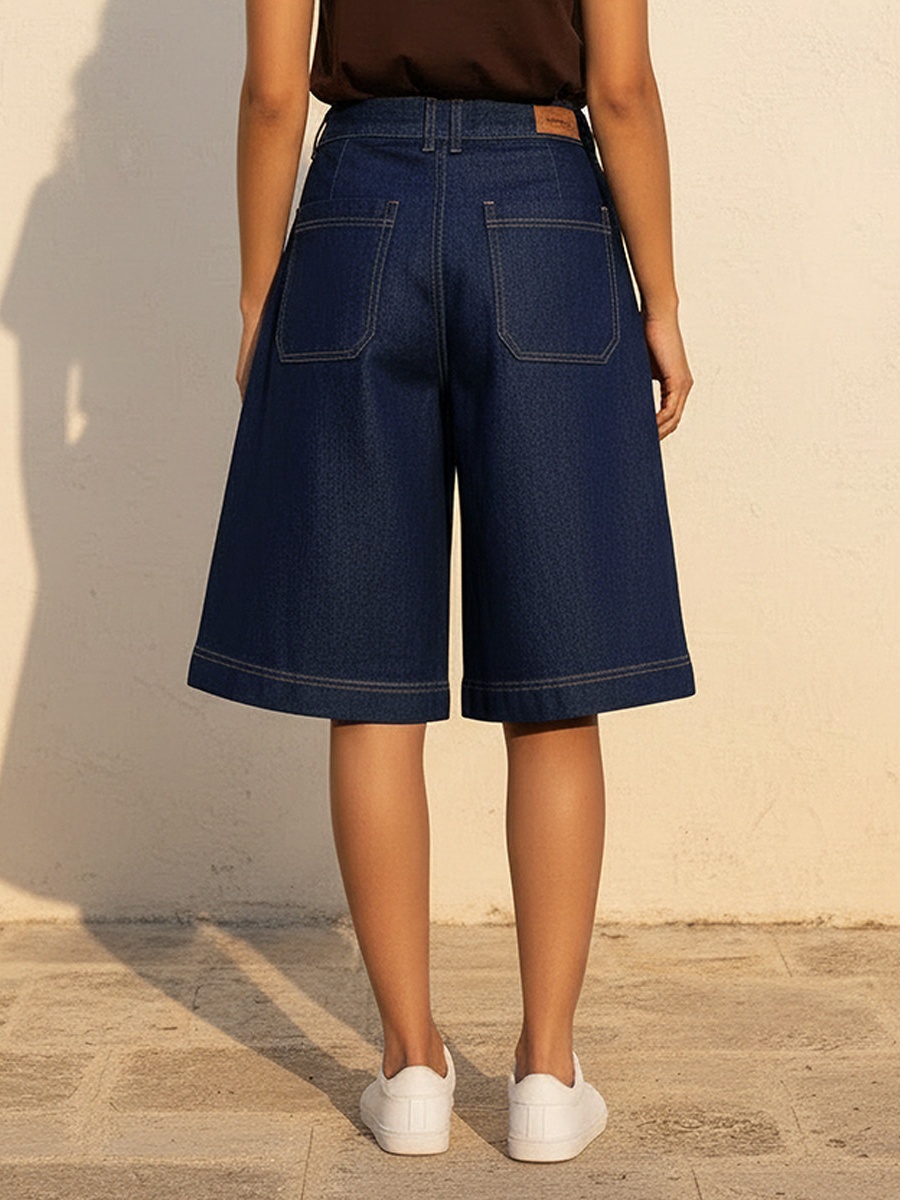 Mid-Rise Denim Cotton Culotte Shorts