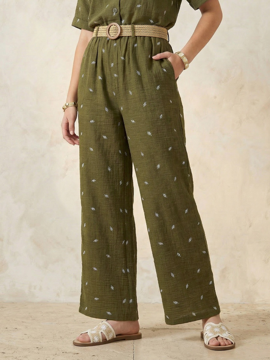 Mid-Rise Leaf Embroidered Belted Wide Leg Trousers