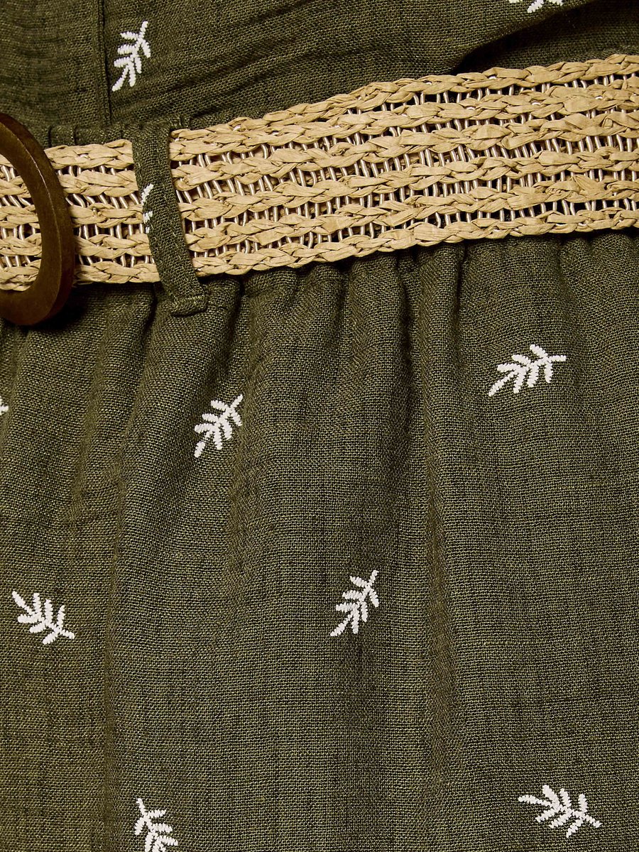 Mid-Rise Leaf Embroidered Belted Wide Leg Trousers