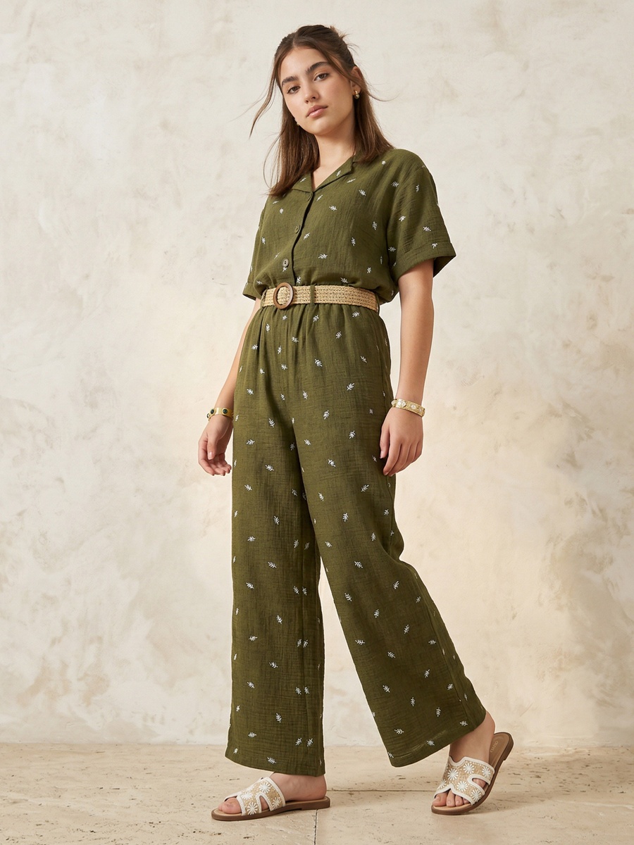 Mid-Rise Leaf Embroidered Belted Wide Leg Trousers
