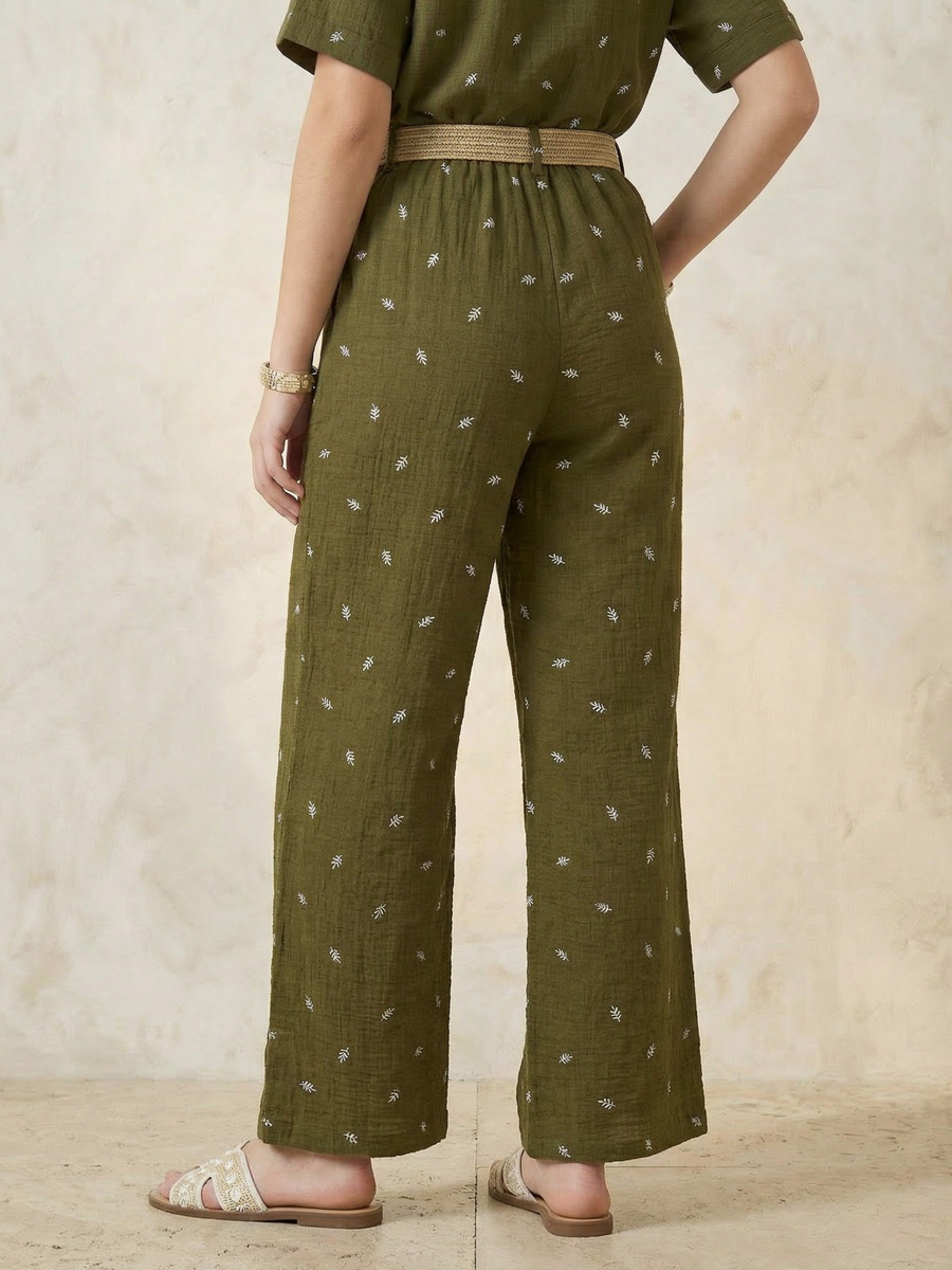 Mid-Rise Leaf Embroidered Belted Wide Leg Trousers
