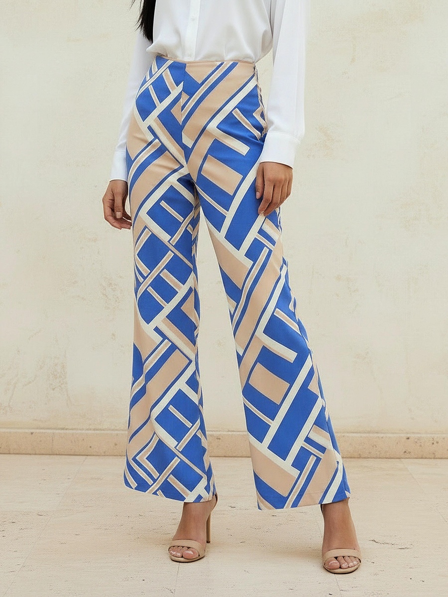 High Waist Geometric Print Viscose Wide Leg Pants