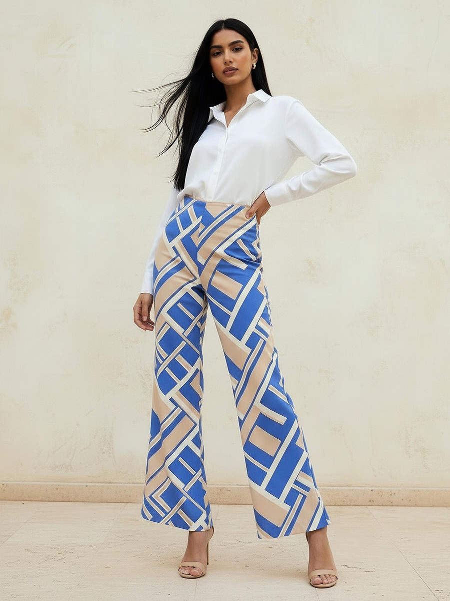 High Waist Geometric Print Viscose Wide Leg Pants