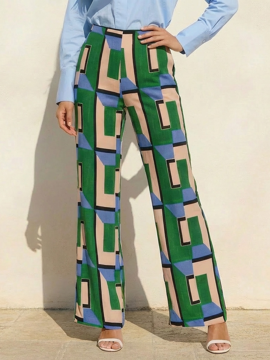High Waist Geometric Print Viscose Wide Leg Pants