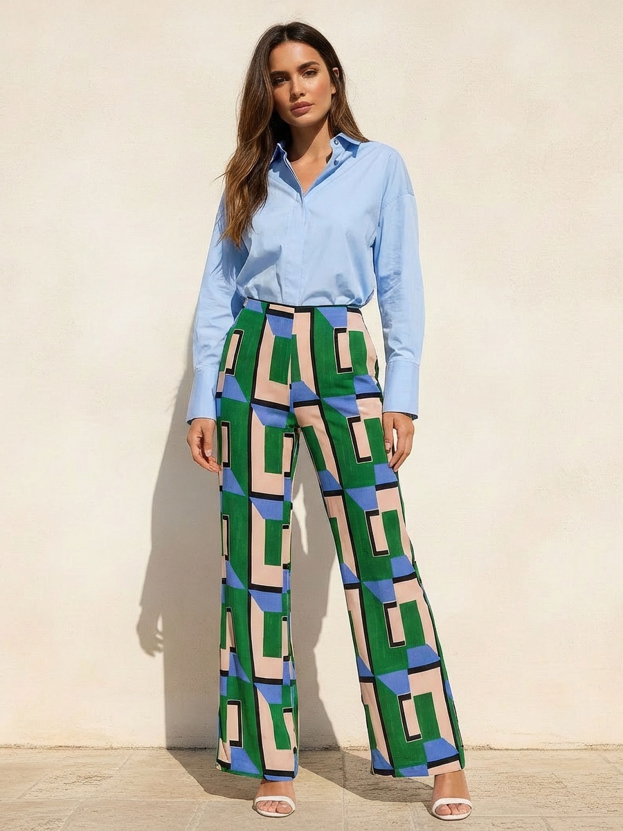 High Waist Geometric Print Viscose Wide Leg Pants