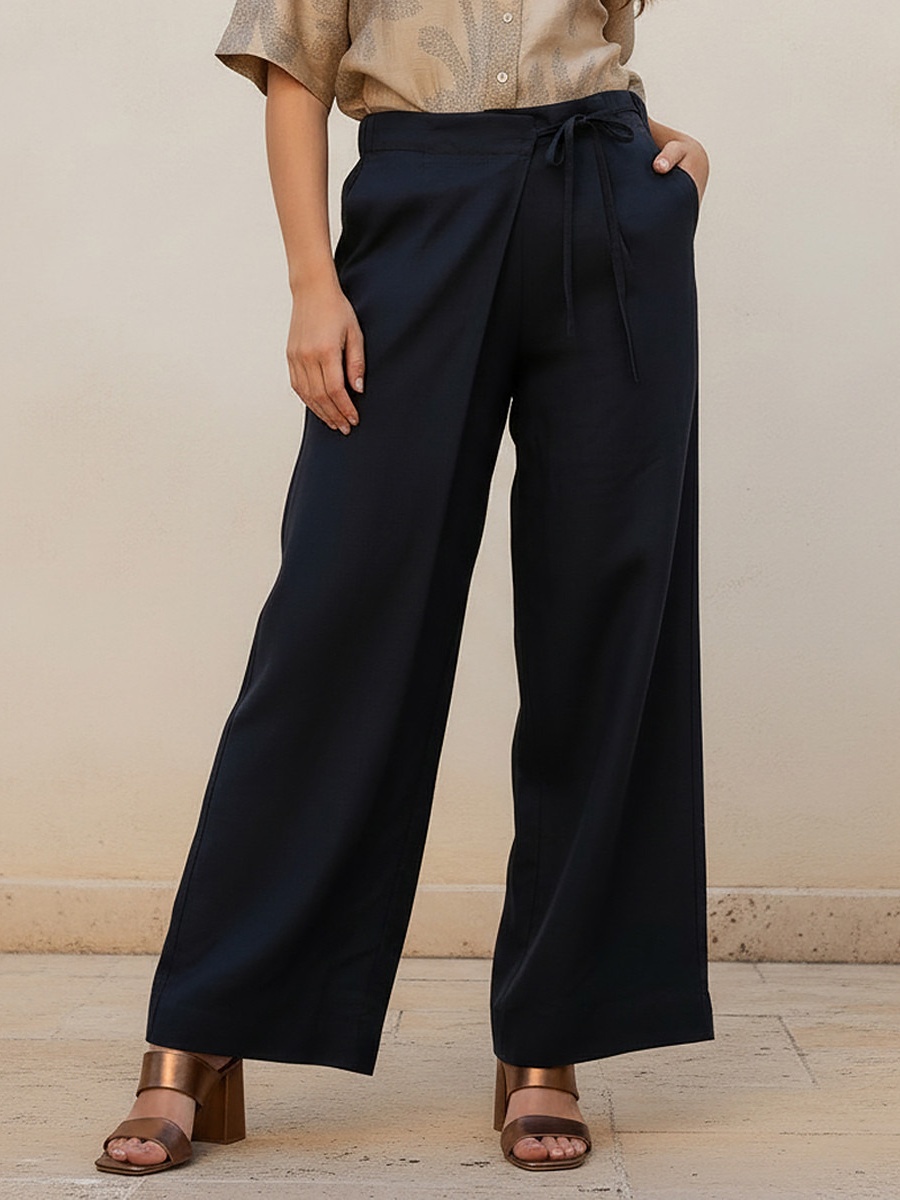 Relaxed Fit Tie-Up Detail Linen Blend Pants