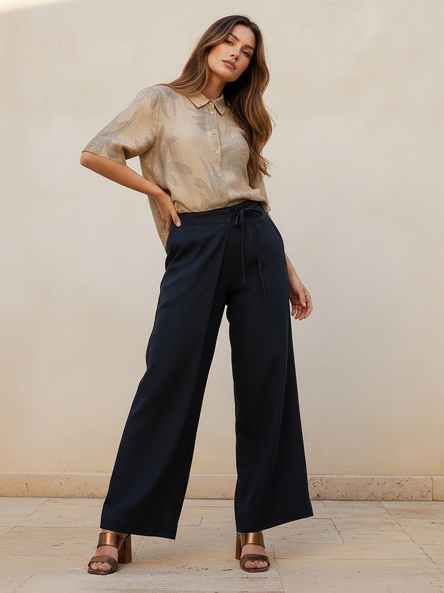 Relaxed Fit Tie-Up Detail Linen Blend Pants
