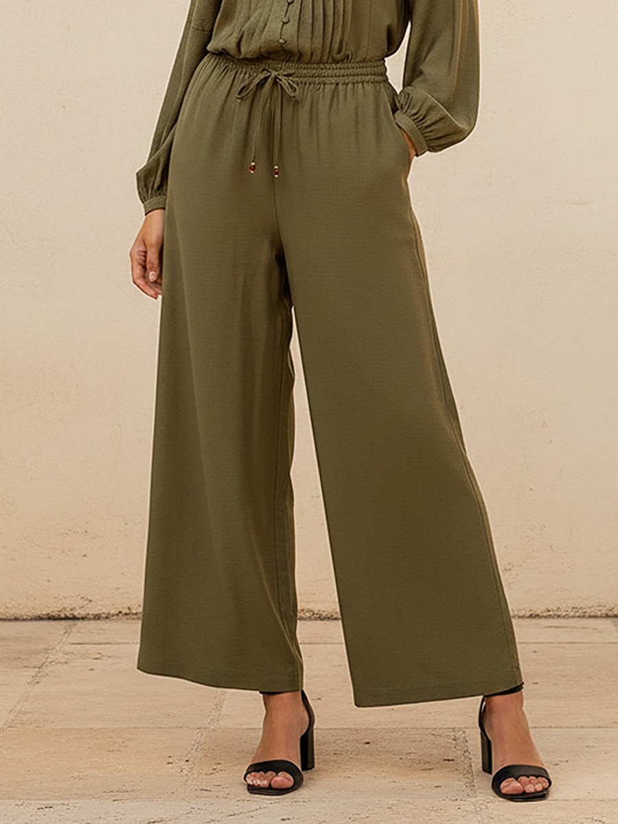 Straight Fit Drawstring Waist Linen Pants