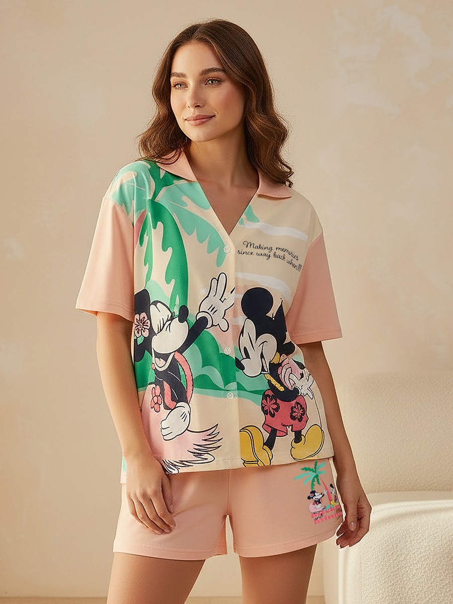 Mickey and Minnie Mouse Print Cotton T-Shirt  and Shorts Pyjama Set