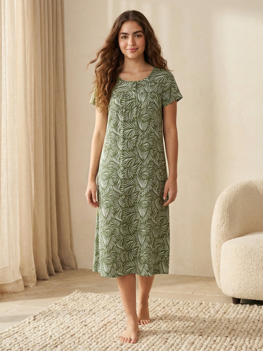 Short Sleeves Leaf Print Viscose Midi Night Dress