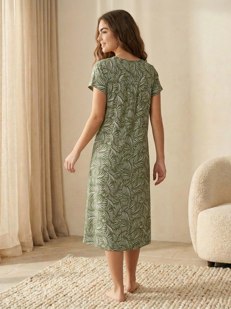 Short Sleeves Leaf Print Viscose Midi Night Dress