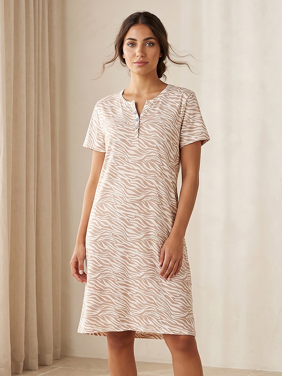 Short Sleeves Cotton Knee Length Night Dress with Animal Print