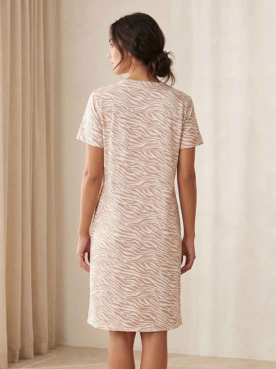 Short Sleeves Cotton Knee Length Night Dress with Animal Print