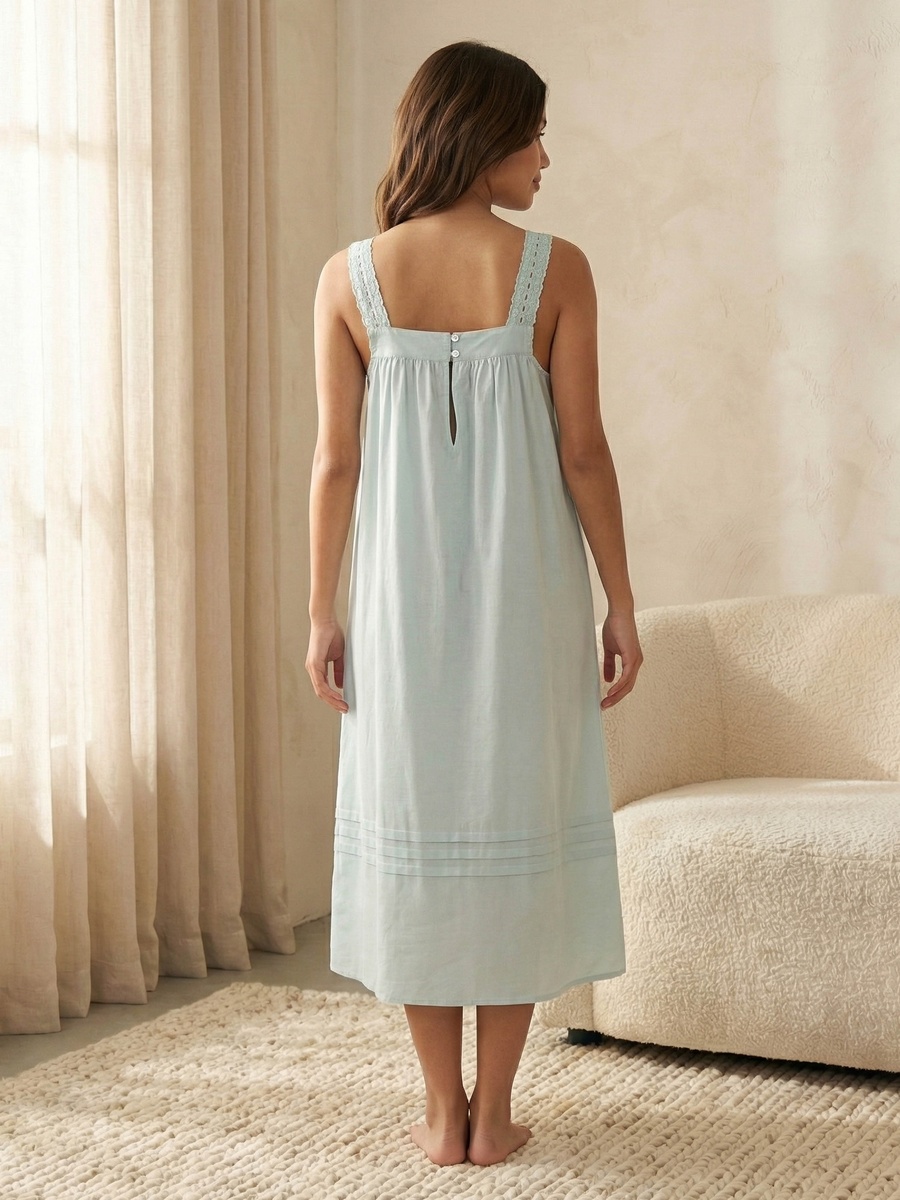Sleeveless Ribbon Tie-Up Cotton Midi Night Dress