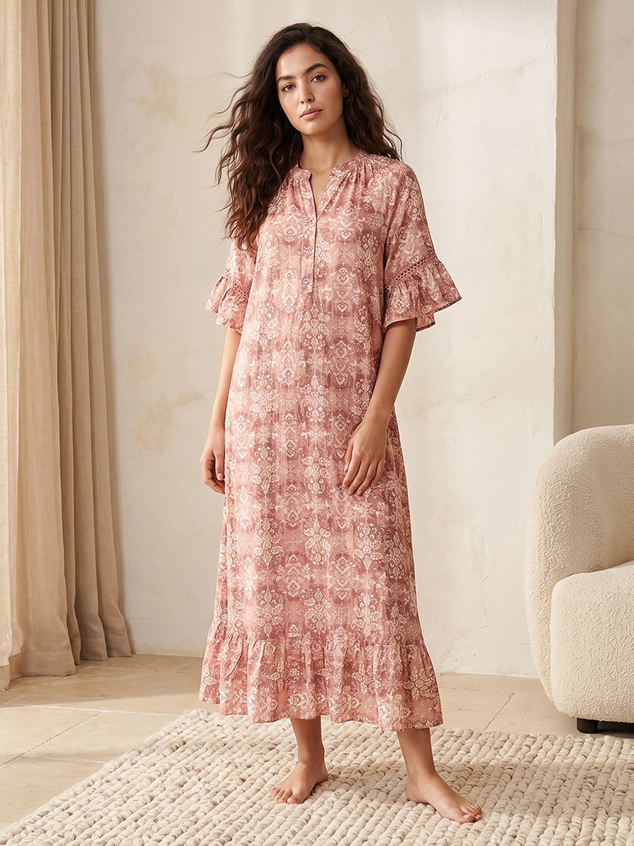 Short Sleeve Botanical Print Viscose Night Gown