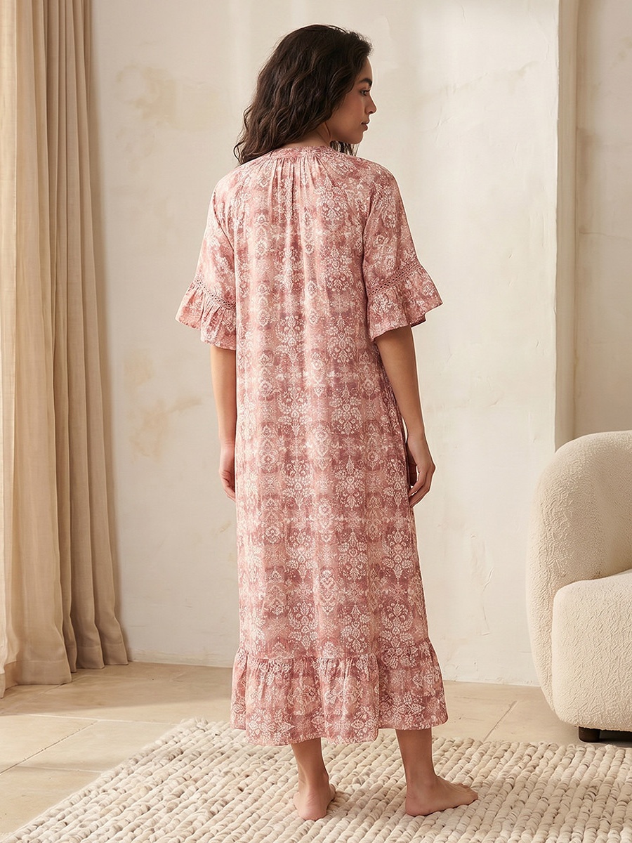 Short Sleeve Botanical Print Viscose Night Gown