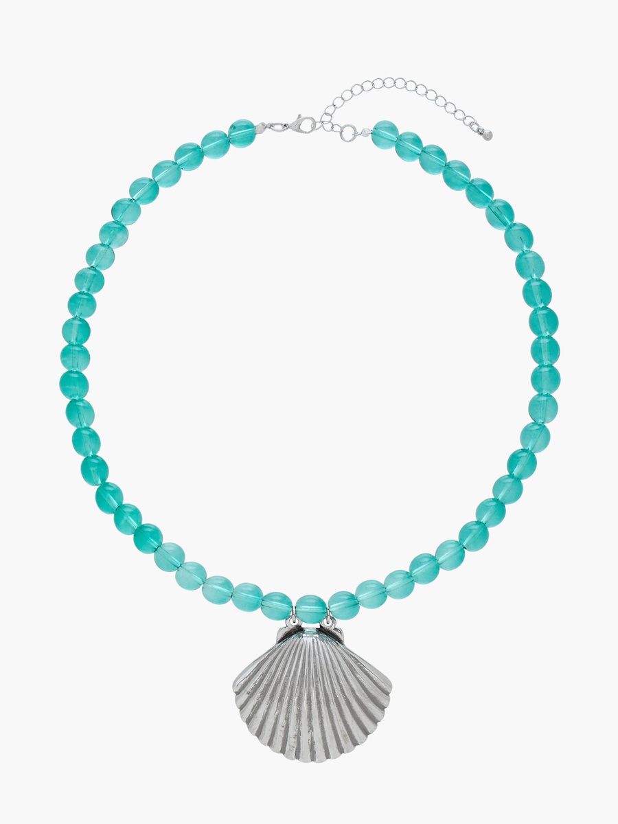 Silver Tone Beaded Shell Pendant Necklace