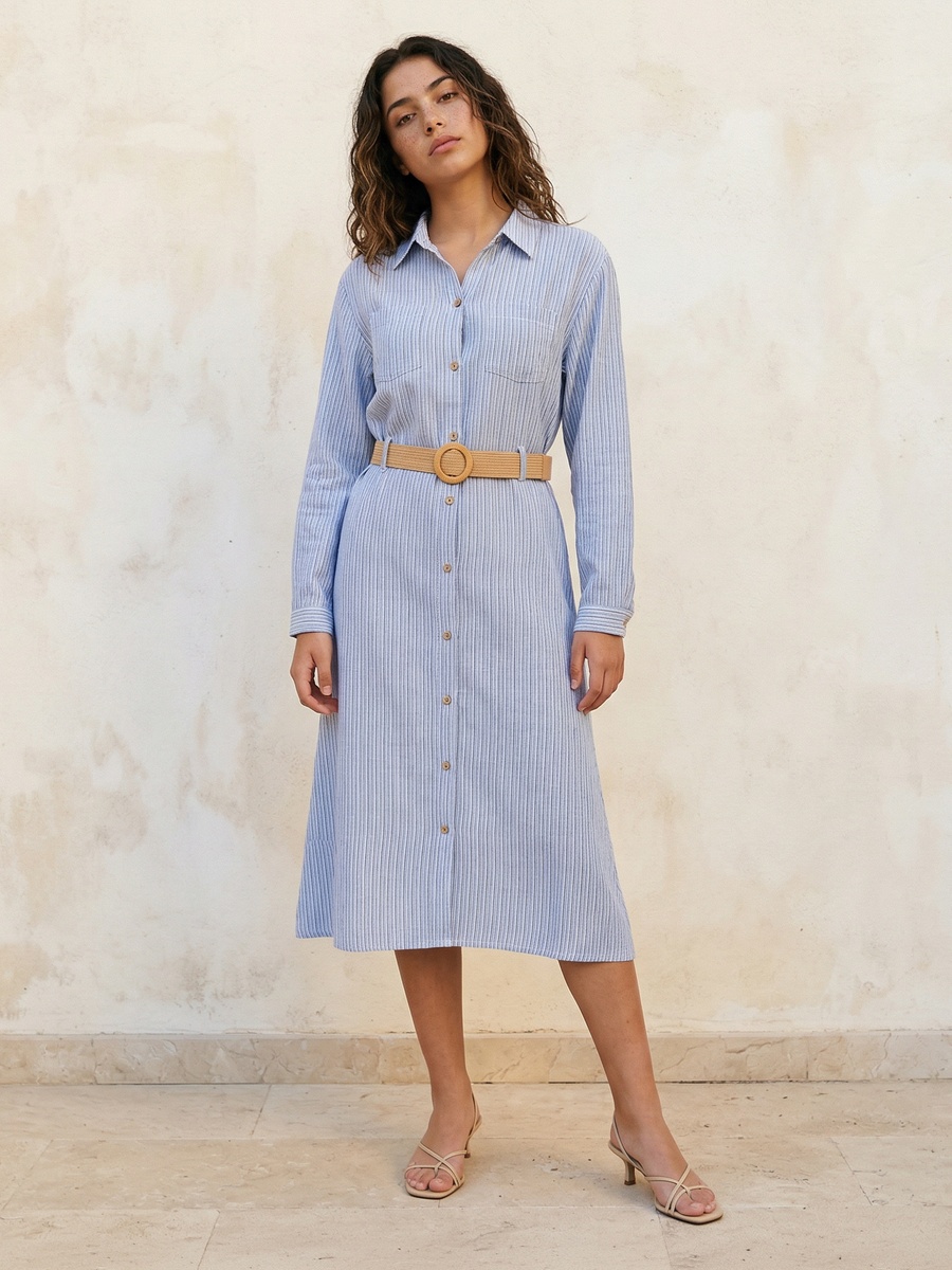Striped Belted Shirt Dress