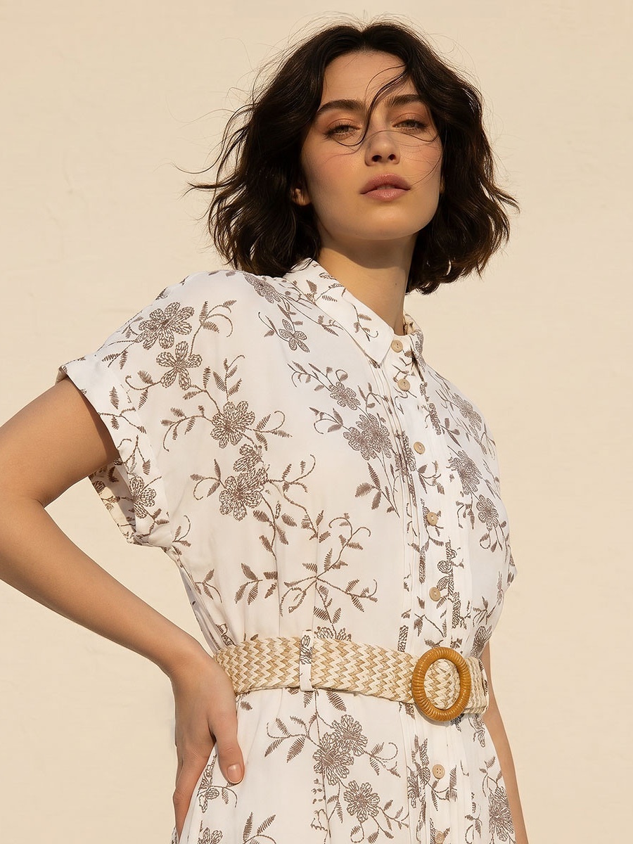 Embroidered Shirt Dress with Belt