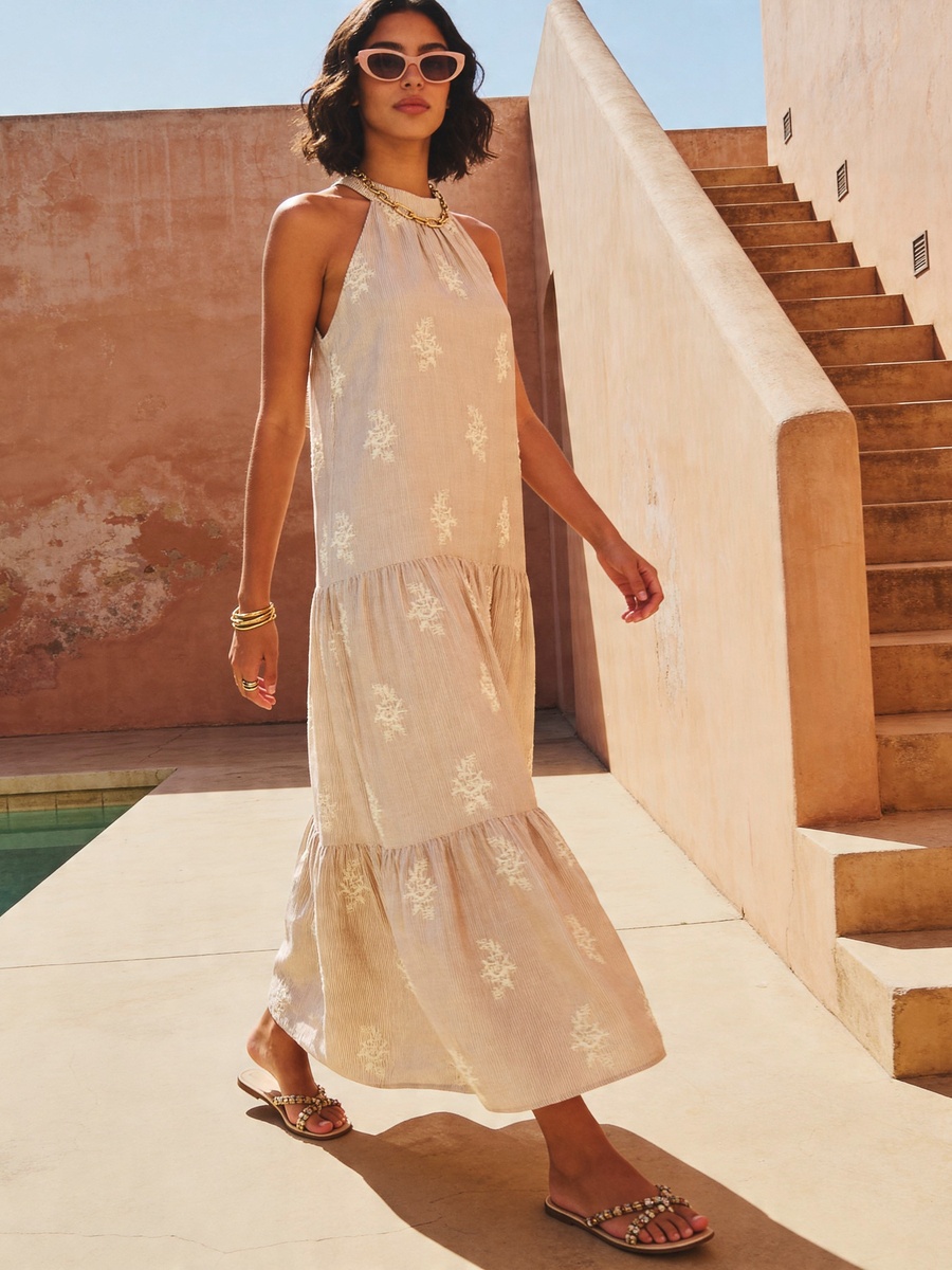 Embroidered Cotton A-Line Dress with Tie-Ups