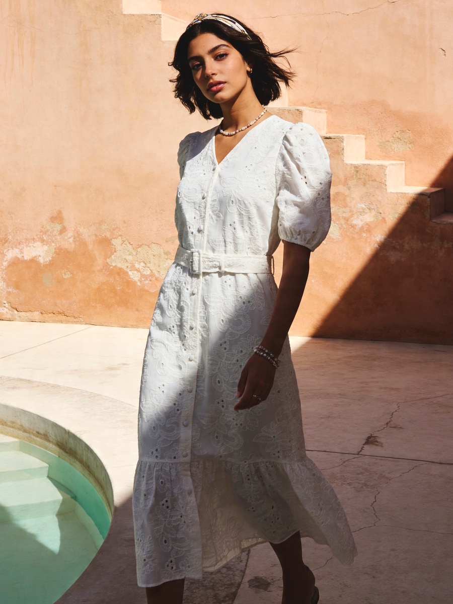 schiffli embroidered dress Buy White Schiffli Embroidered Cotton Fit-And-Flare One-Piece Dress Online  in USA at $56.00