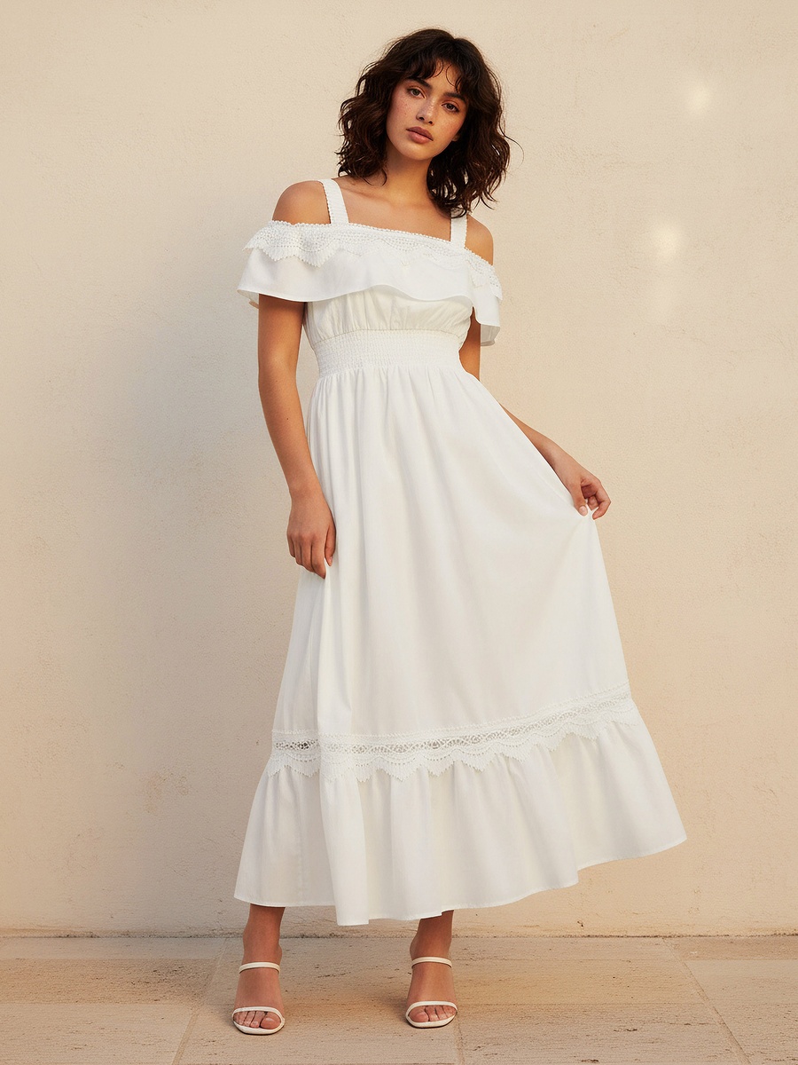 Maxi Cotton Dress with Lace Trim
